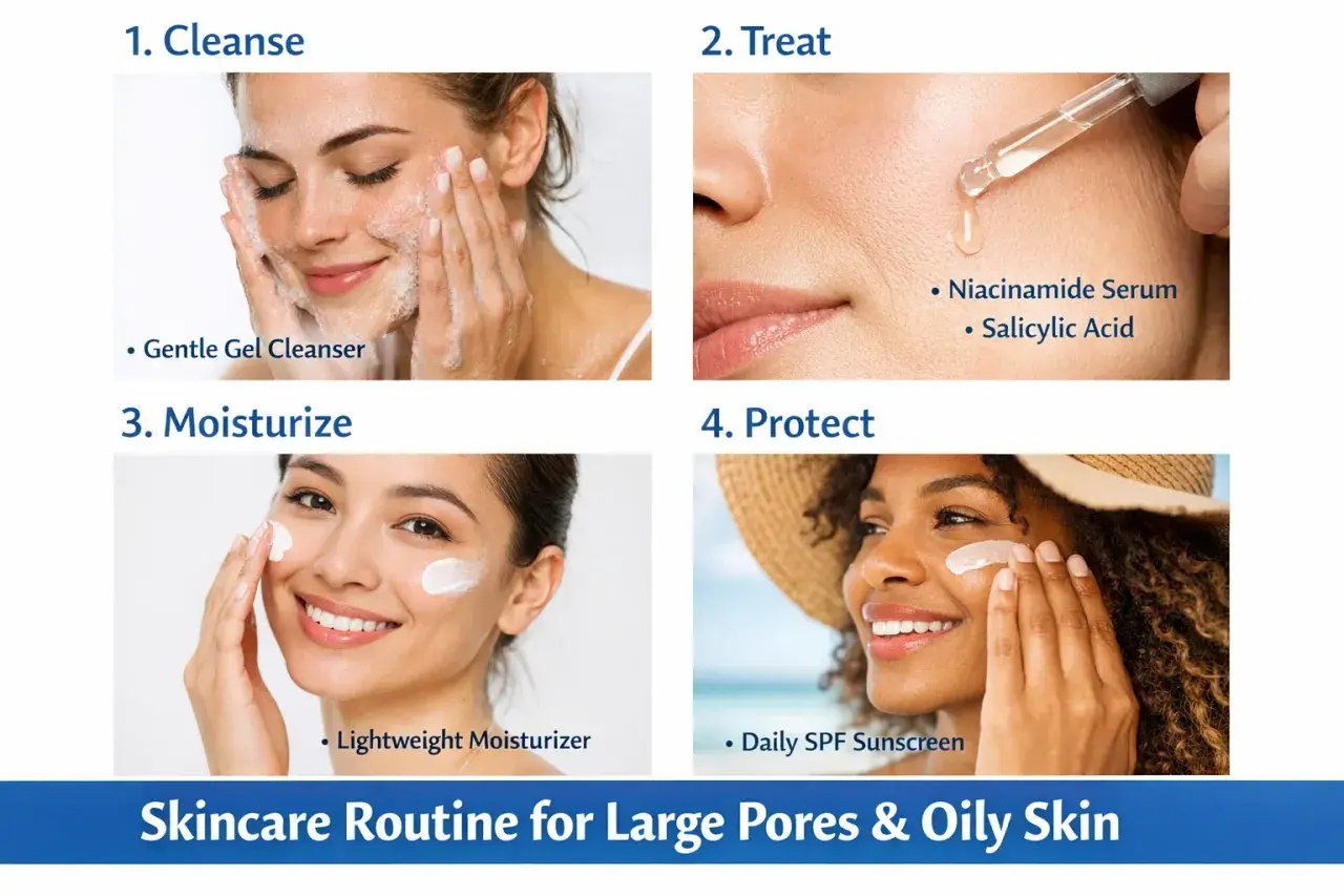 Routine soin pour peau grasse : nettoyage, sérum à la niacinamide, hydratation et protection solaire.