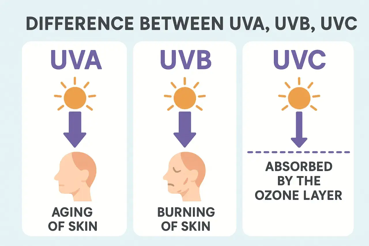 UVA cause vieillissement cutané, UVB brûlure, UVC est absorbé par la couche d'ozone.