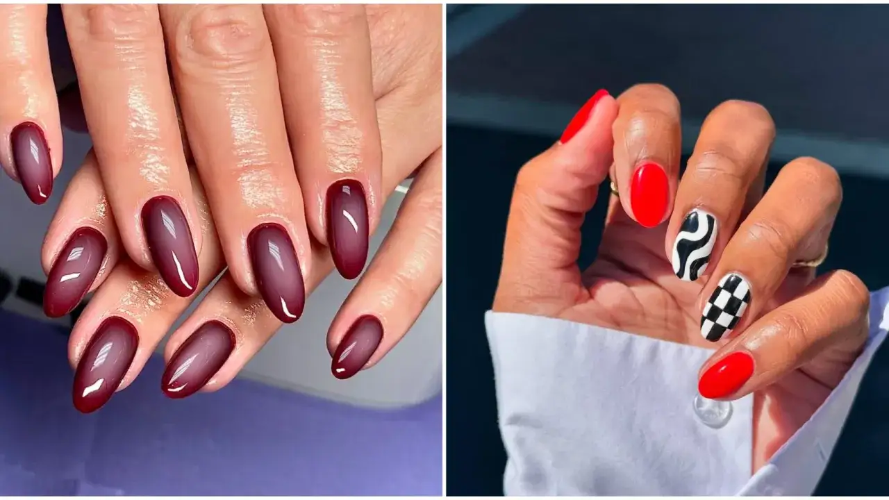 Deux mains aux ongles styl&eacute;s : d&eacute;grad&eacute; bordeaux profond et motifs graphiques noir et blanc sur fond rouge vif. Chic ongle rouge deco.