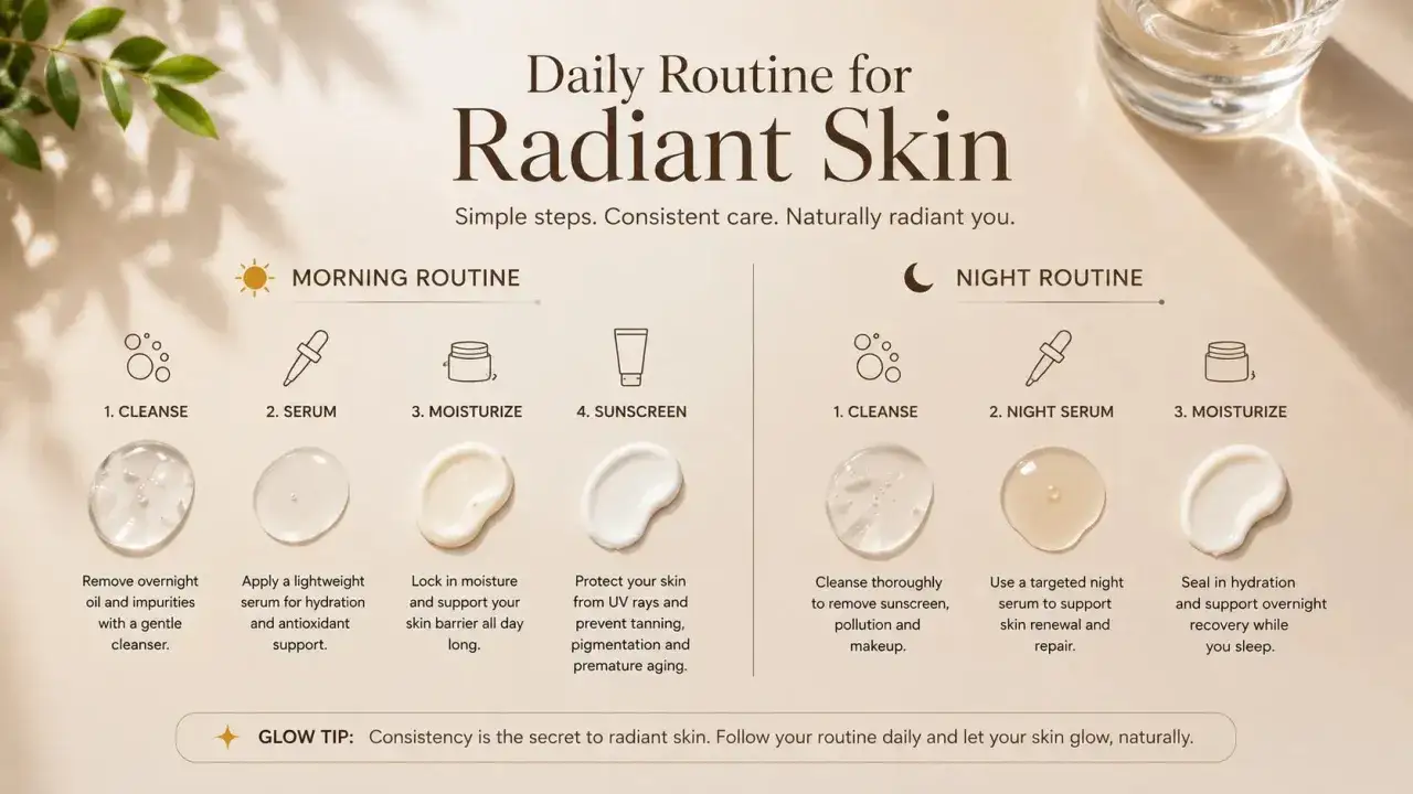 Routine matinale et nocturne pour une peau éclatante. N'oubliez pas de mettre de la crème solaire tous les jours pour protéger votre peau.