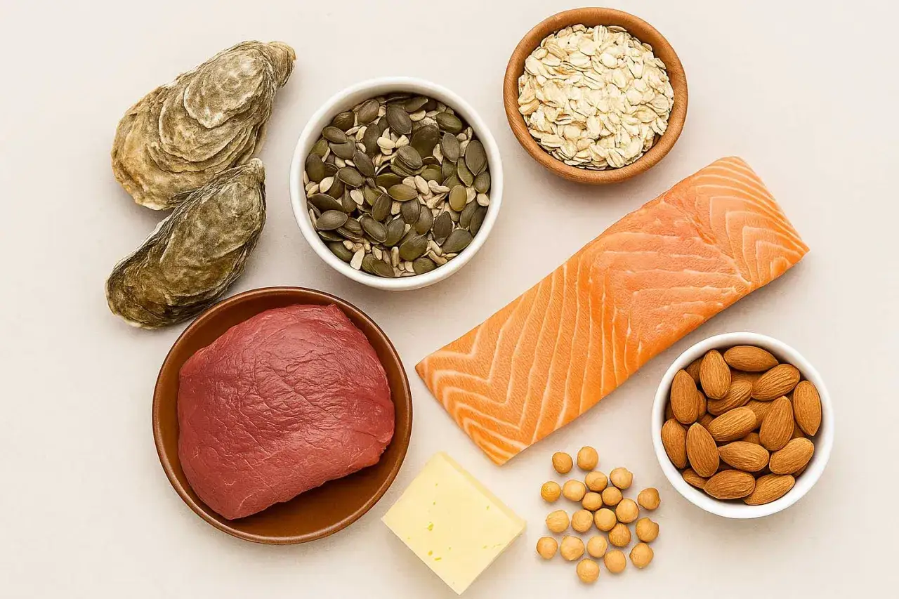 Hu&icirc;tres, b&oelig;uf, saumon, graines de citrouille, amandes, flocons d'avoine, fromage et pois chiches : des aliments riches en zinc pour des cheveux forts.