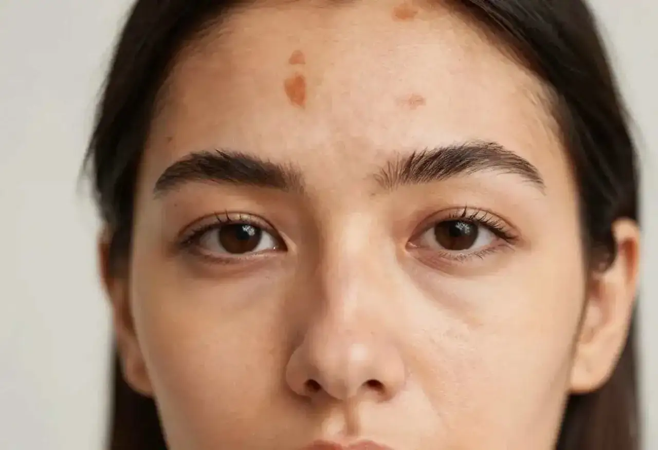 Gros plan sur le front d'une jeune femme, montrant une tache brune soleil, souvenir d'une journ&eacute;e ensoleill&eacute;e.