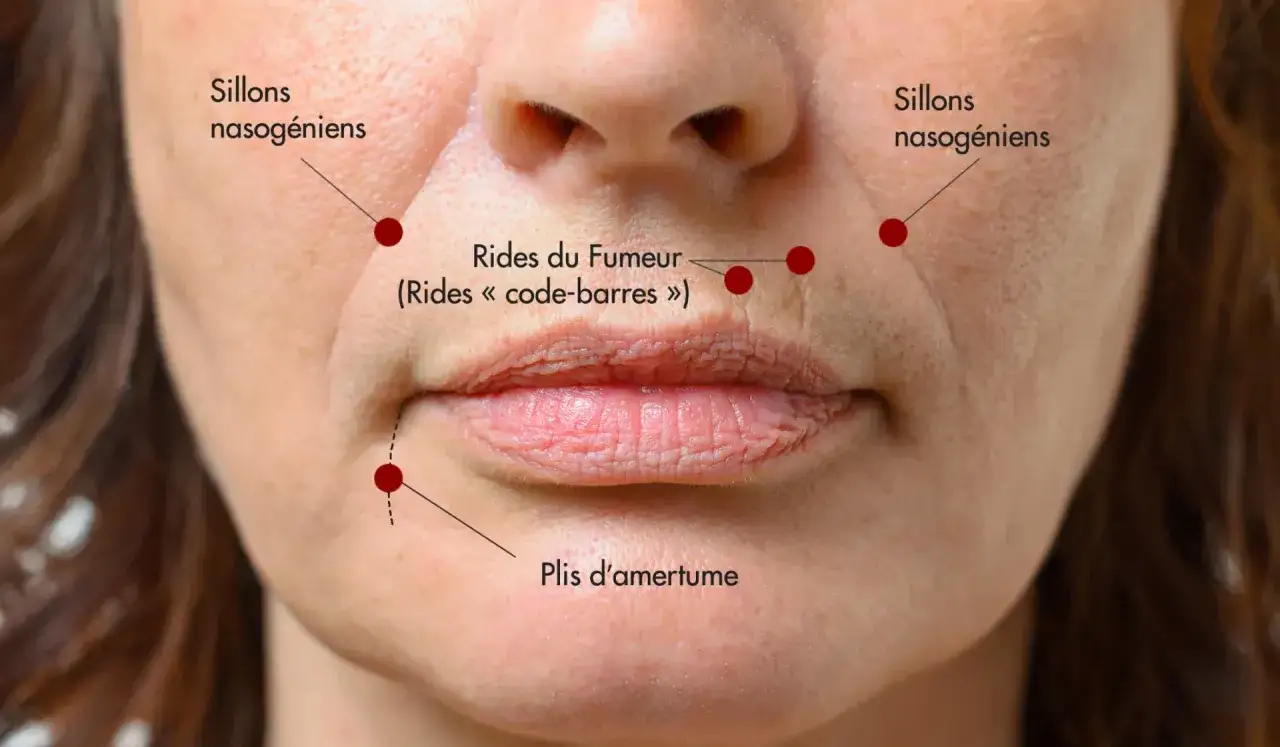 Gros plan sur le visage d'une femme montrant les sillons nasog&eacute;niens, les rides du fumeur autour des l&egrave;vres et les plis d'amertume.