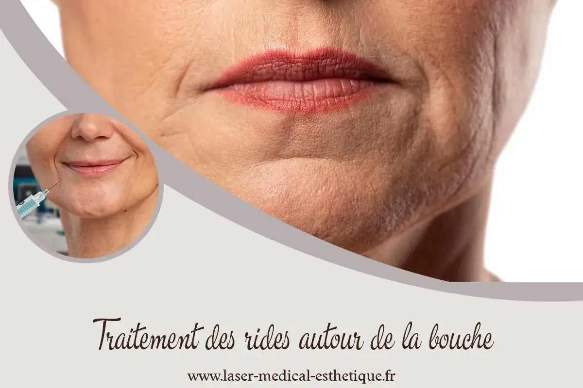 Un gros plan sur le visage d'une femme montrant des rides autour de la bouche. Une petite image montre une injection pour comment atténuer les rides autour de la bouche.