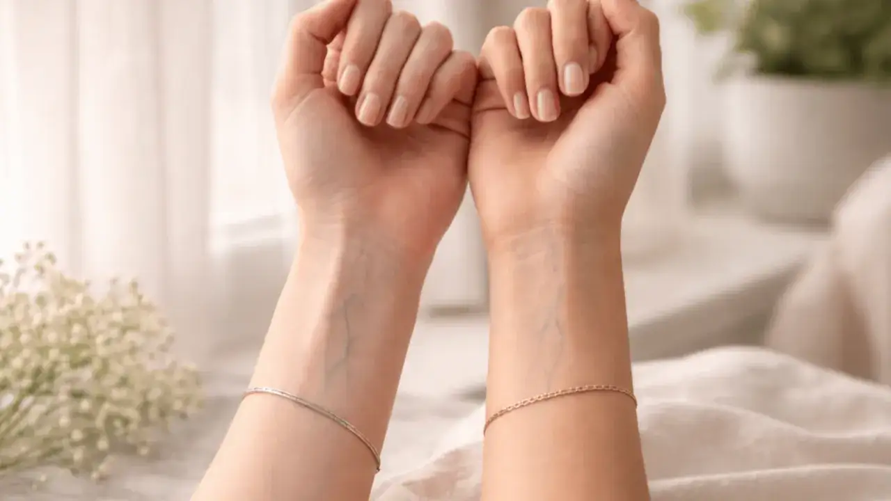 Mains d&eacute;licates aux ongles vernis ton nude, orn&eacute;es de fins bracelets. Douceur et &eacute;l&eacute;gance.