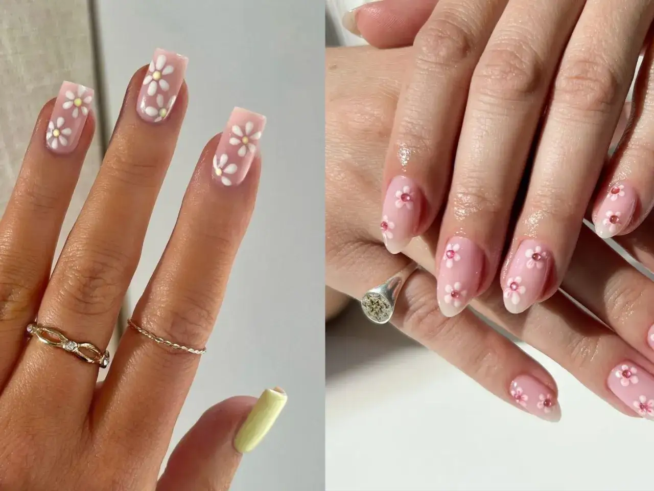 Jolis ongles pour Pâques avec des motifs floraux délicats. Un nail art printanier et frais.
