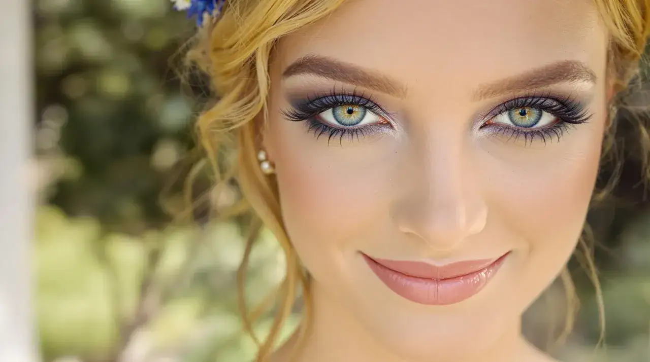 Un maquillage yeux bleus intense, avec des cils longs et un regard captivant. Cheveux blonds ondulés et une touche de bleu floral.