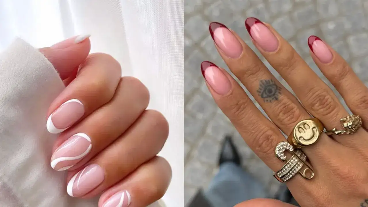 Manucure fran&ccedil;aise revisit&eacute;e : une tendance french manucure couleur avec des bouts blancs graphiques ou bordeaux &eacute;l&eacute;gants.