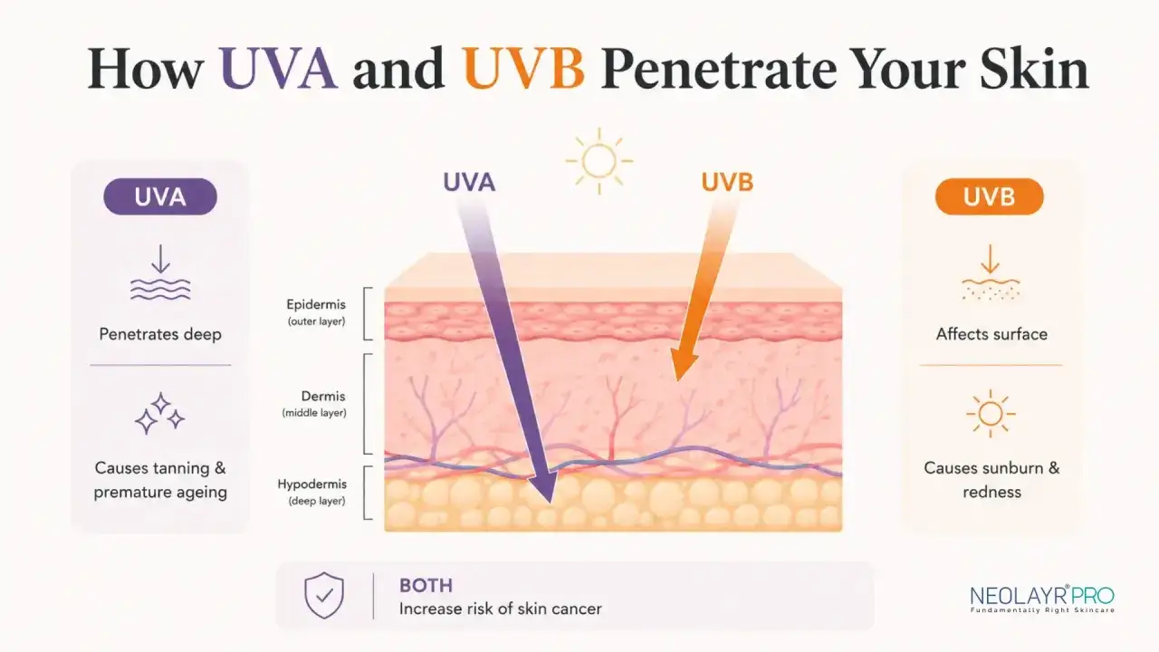 Illustration expliquant la signification des rayons UVA et UVB : UVA pénètre en profondeur, causant le vieillissement prématuré, tandis que UVB affecte la surface, provoquant coups de soleil et rougeurs. Les deux augmentent le risque de cancer.