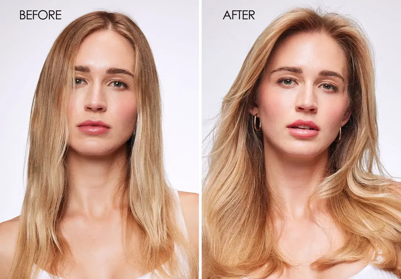Avant/après : une femme retrouve une masse capillaire naturellement plus volumineuse et brillante.